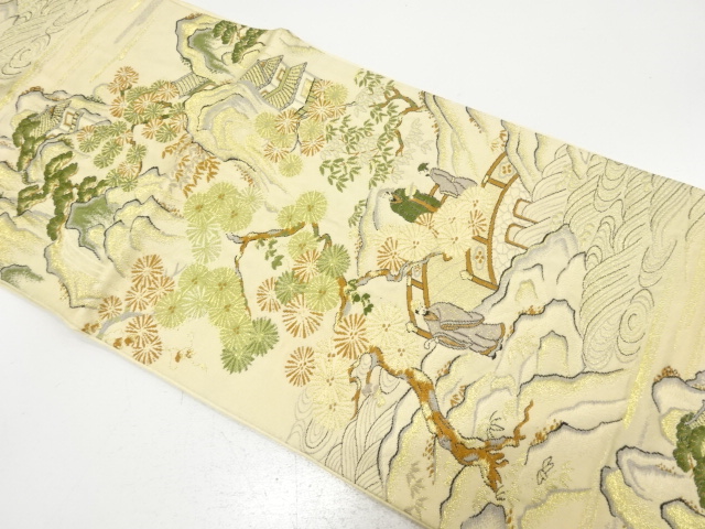JAPANESE KIMONO / ANTIQUE FUKURO OBI / SILK / WOVEN SCENERY IN CHINA